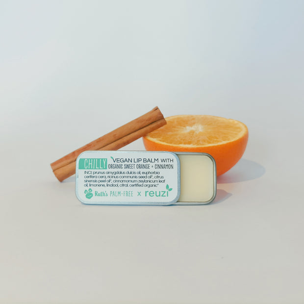 Vegan Lip Balm | 'Chilly' Organic Sweet Orange + Cinnamon | Ruth's Palm Free X reuzi